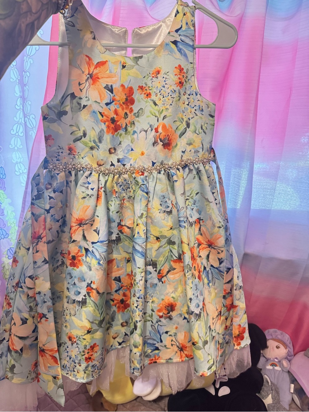 American Princess Floral Satin event Party Dress in Blue and Orange